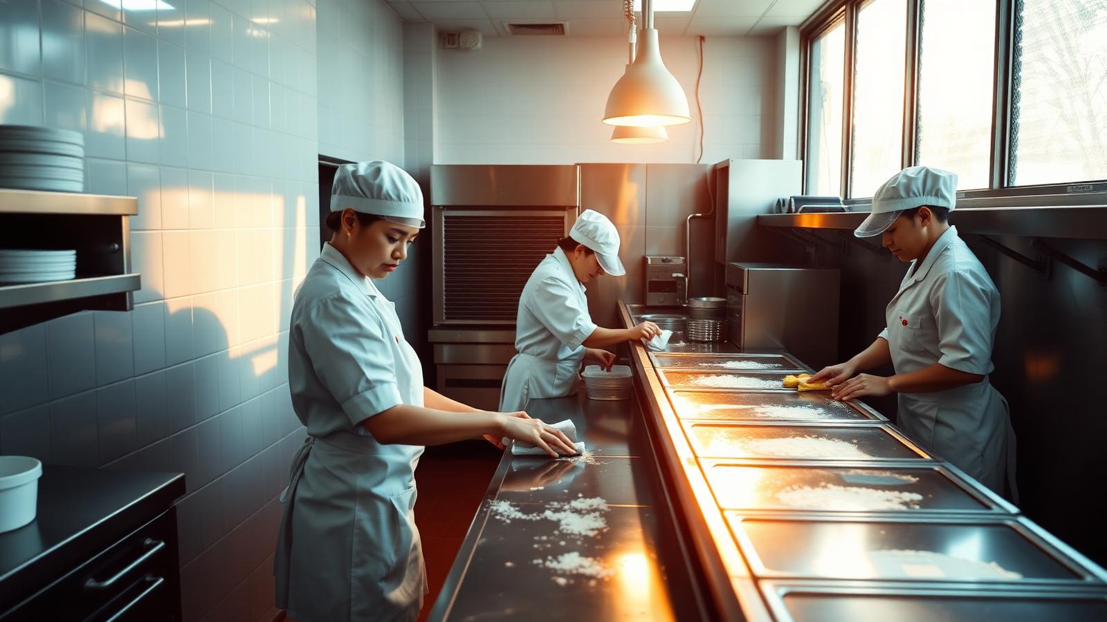Food-business staff cleaning the kitchen line