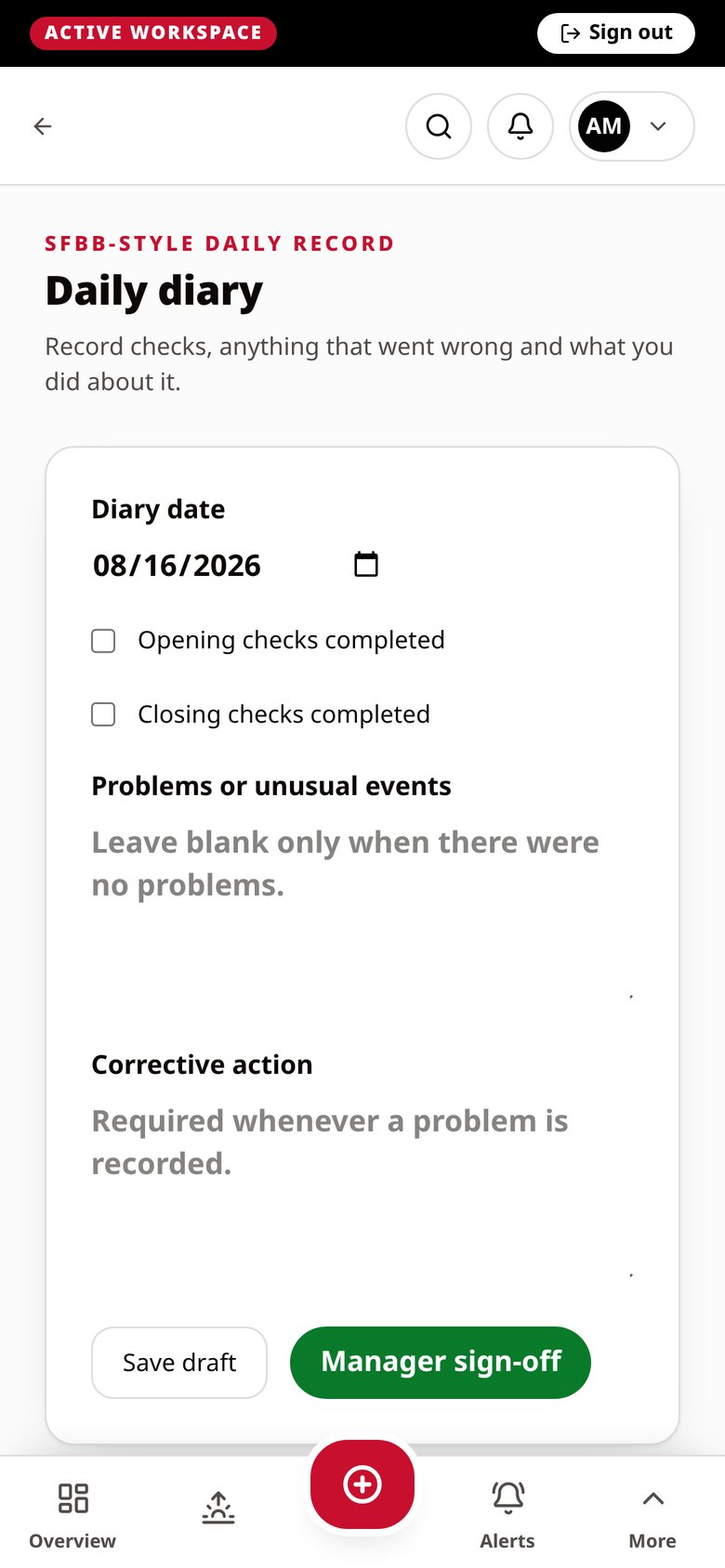 Haccora mobile app daily diary screen
